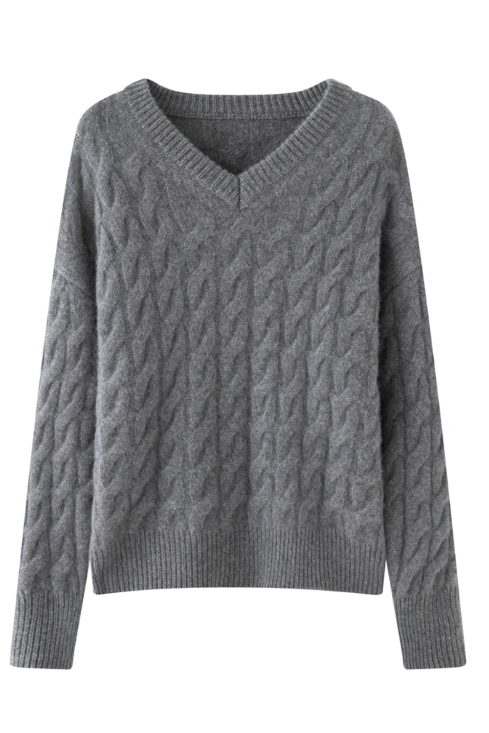 Gray cable knit sweater on a white background