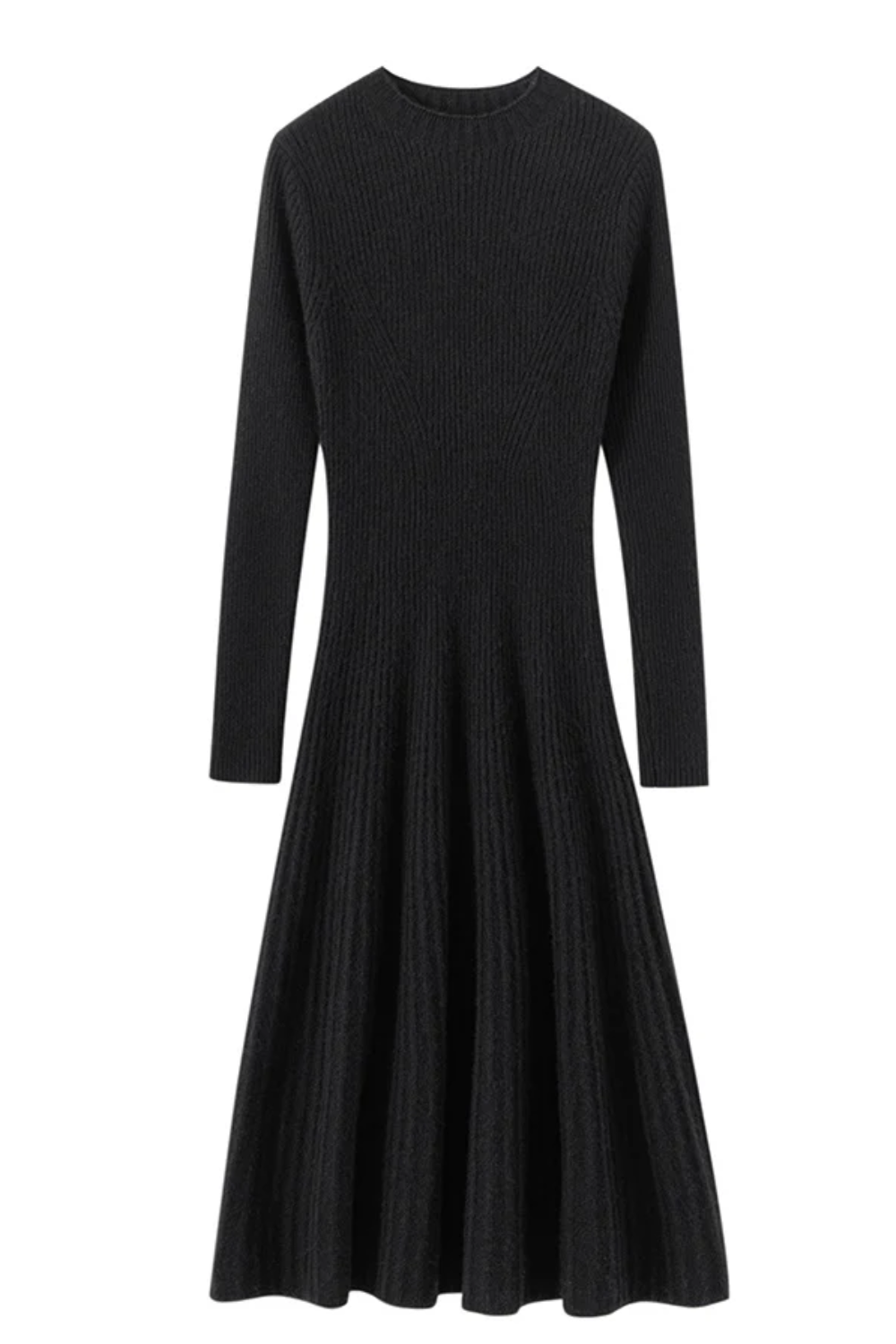 Black ribbed dress with long sleeves on a white background