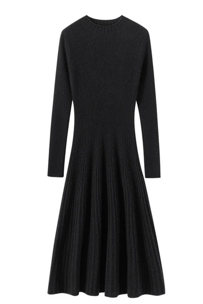 Black ribbed dress with long sleeves on a white background