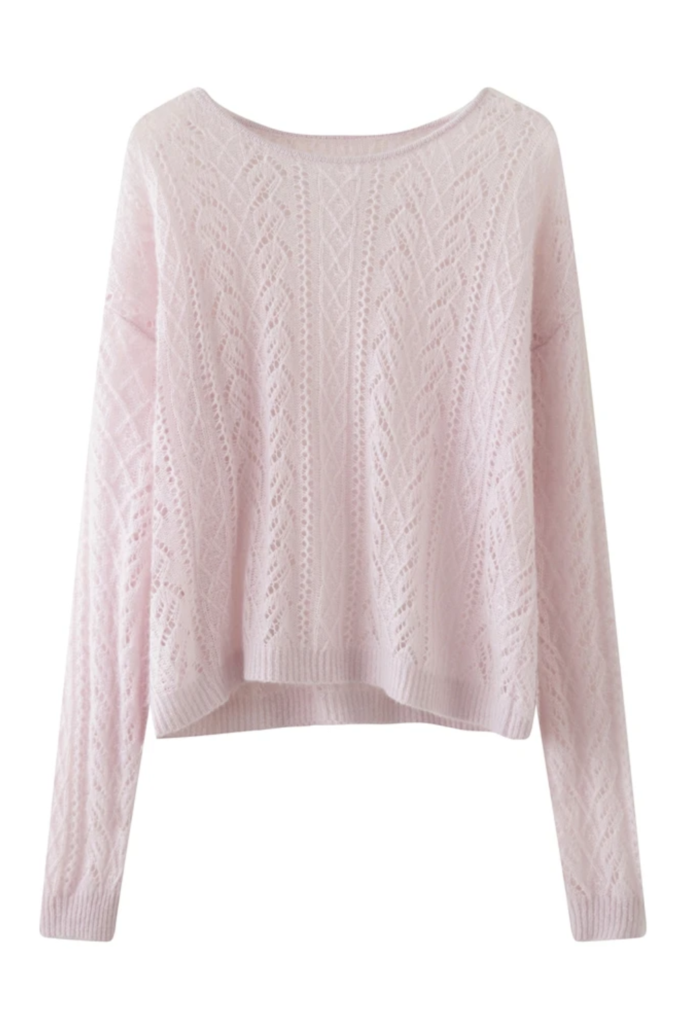 Pink cable knit sweater on a white background