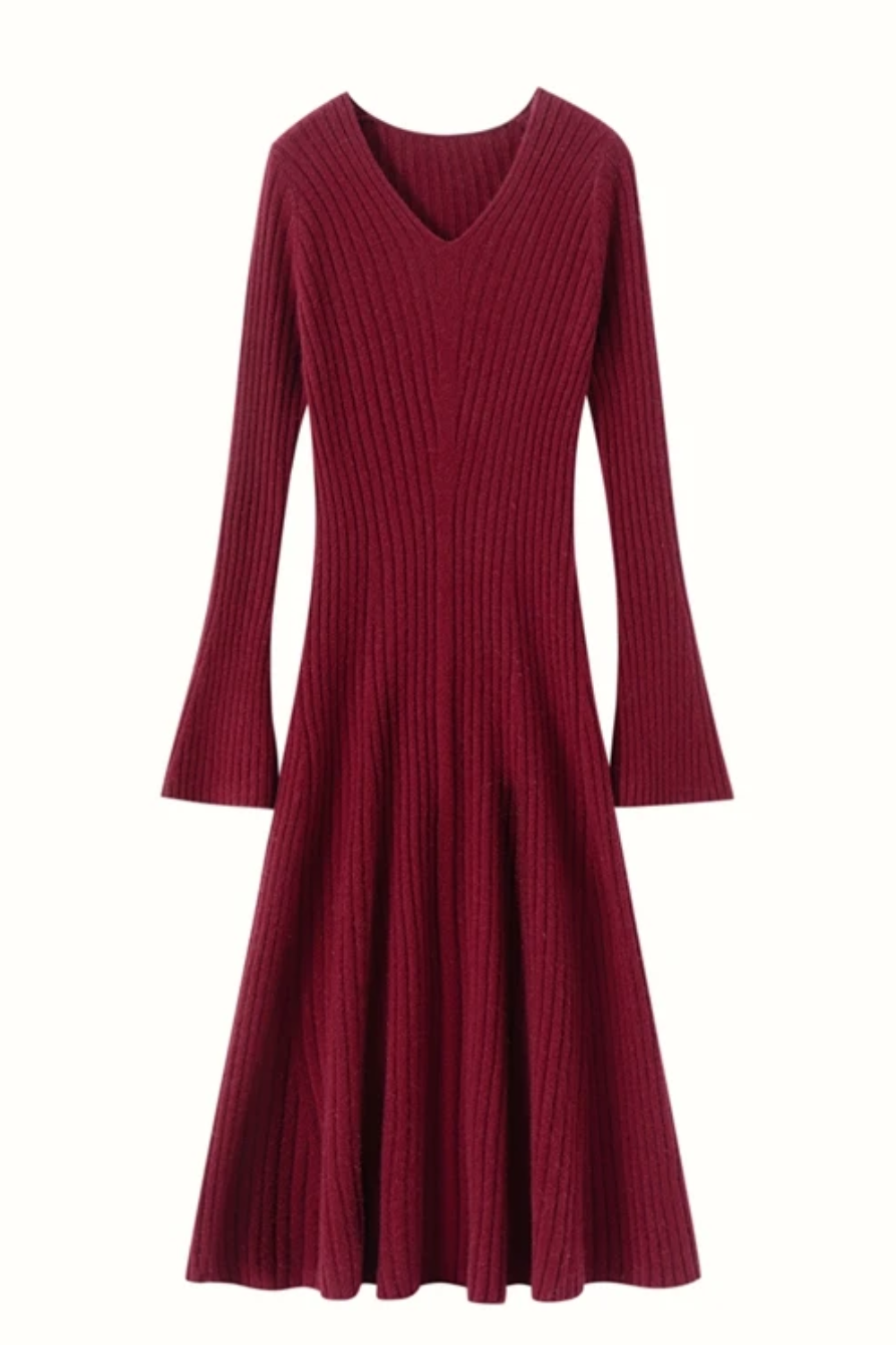 Burgundy ribbed dress with long sleeves on a white background