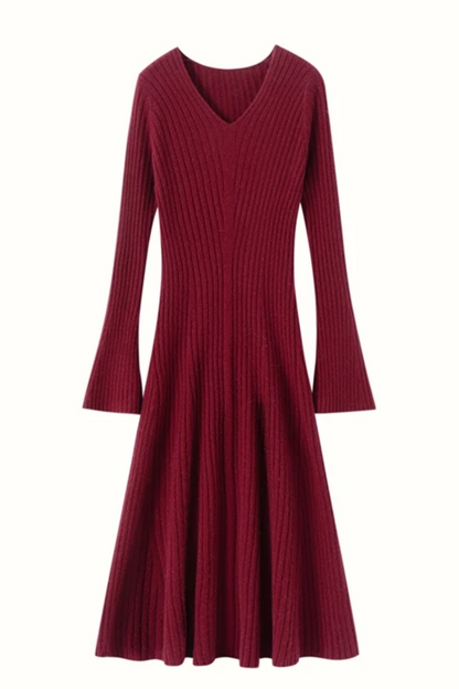 Burgundy ribbed dress with long sleeves on a white background