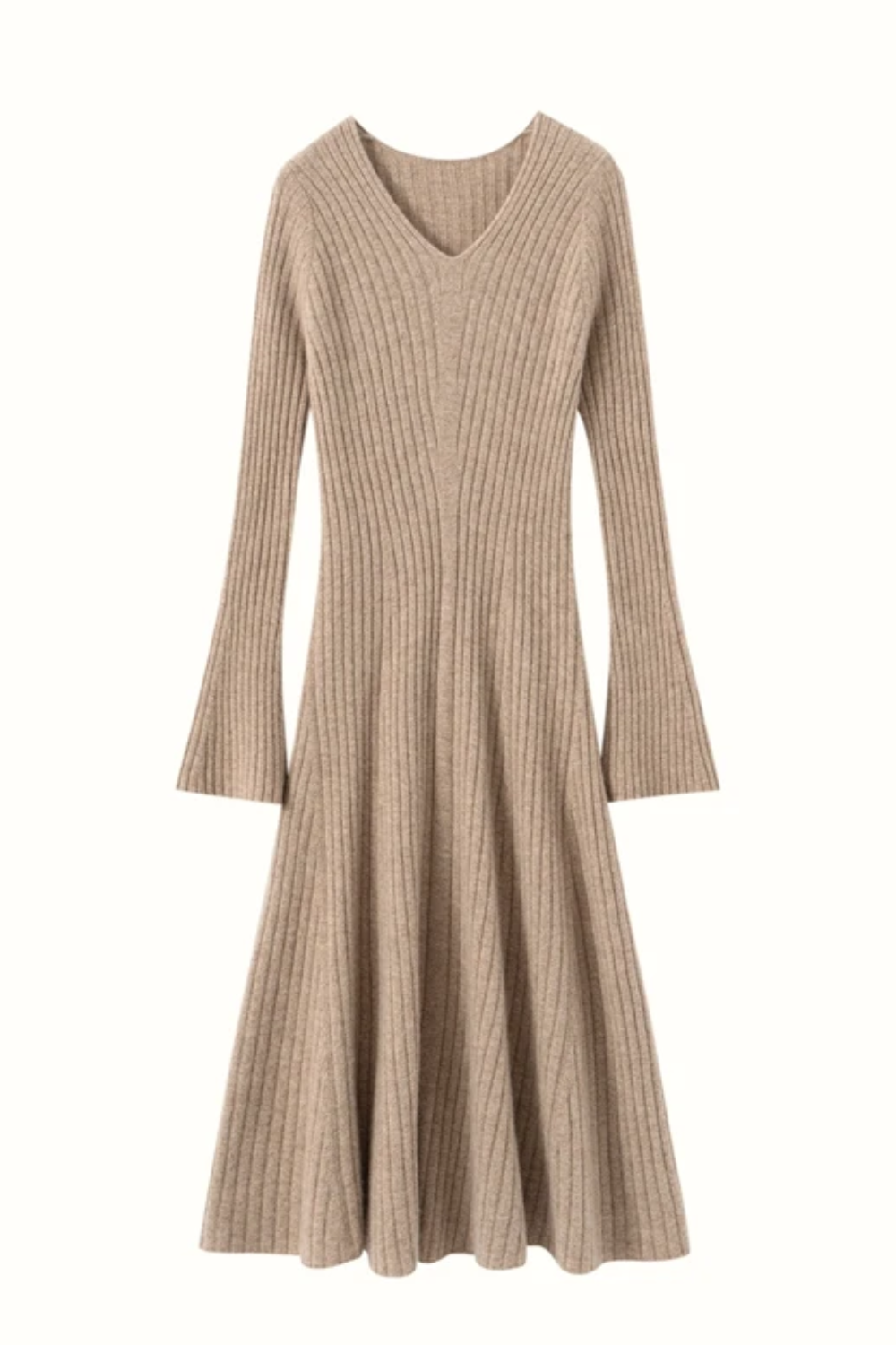 Camel coloured ribbed dress with long sleeves on a white background