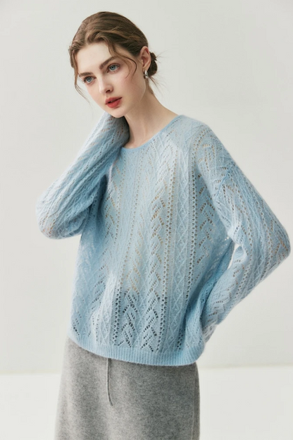 Woman wearing a light blue knitted sweater on a white background