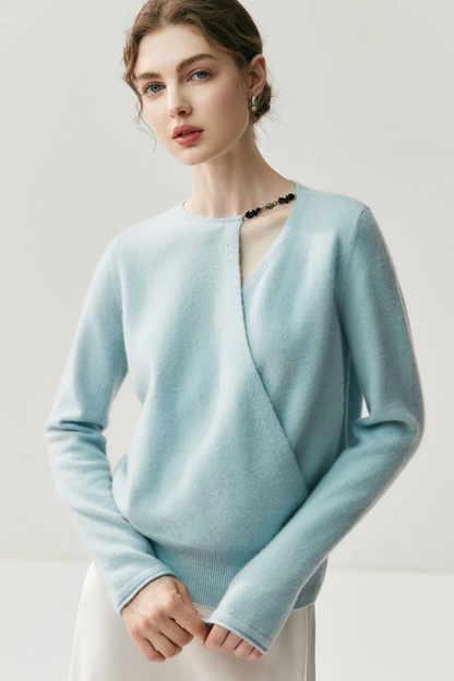 Light blue sweater worn by a model on a plain background