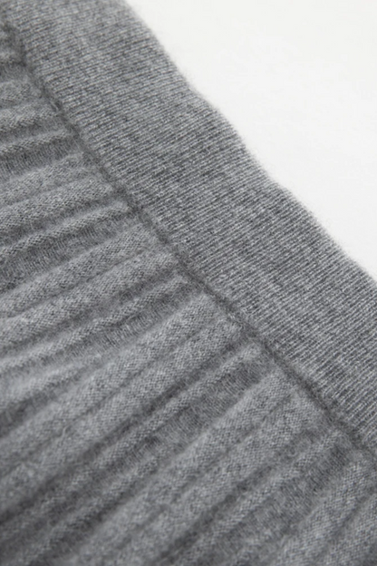 Close-up of a gray sweater with ribbed texture