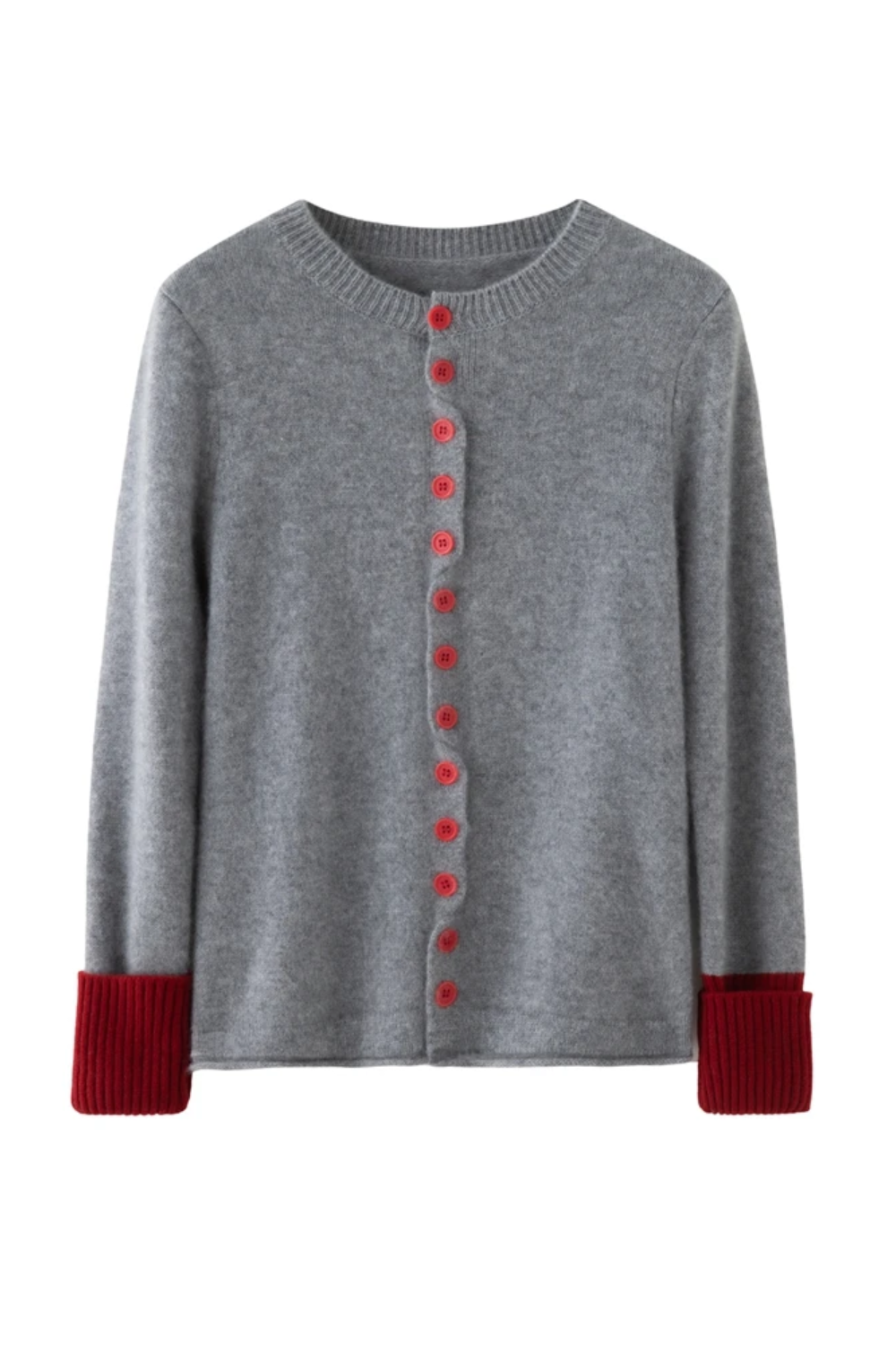 Gray sweater with red buttons and cuffs on a white background