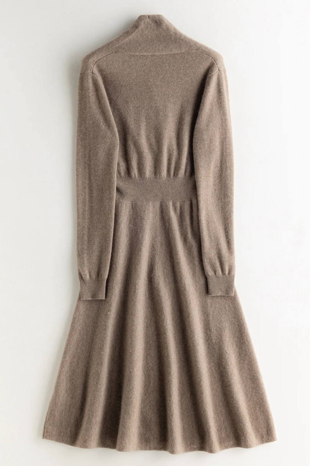 Back view of a beige wrap dress on a white background