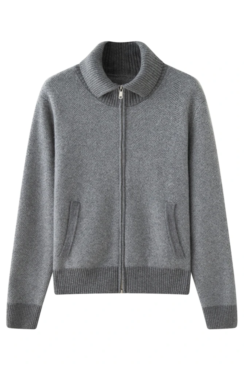 Gray zip-up sweater on a white background