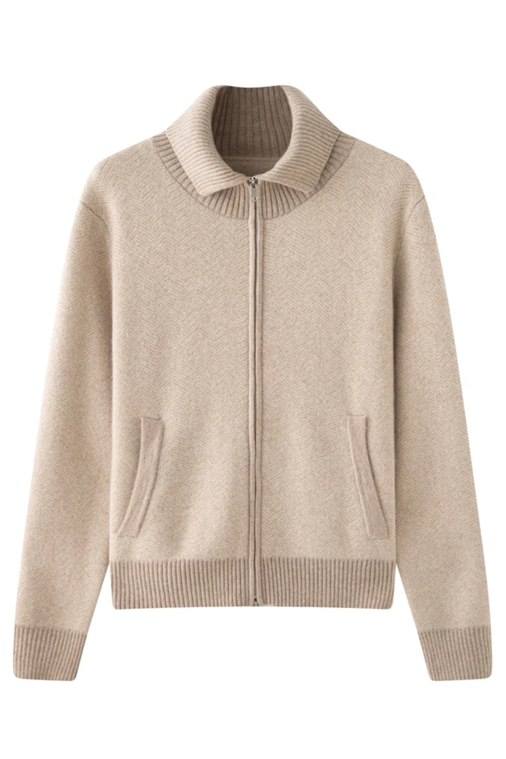 Camel zip-up sweater with a high collar on a white background