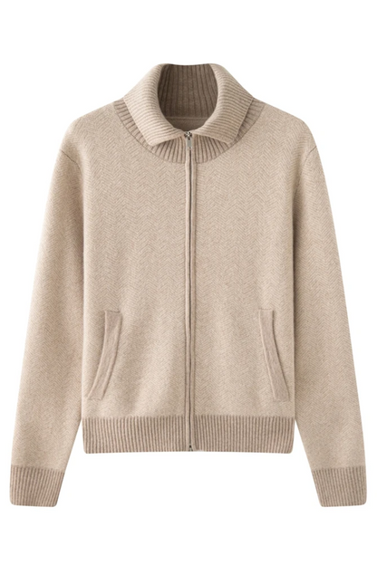 Camel zip-up sweater with a high collar on a white background