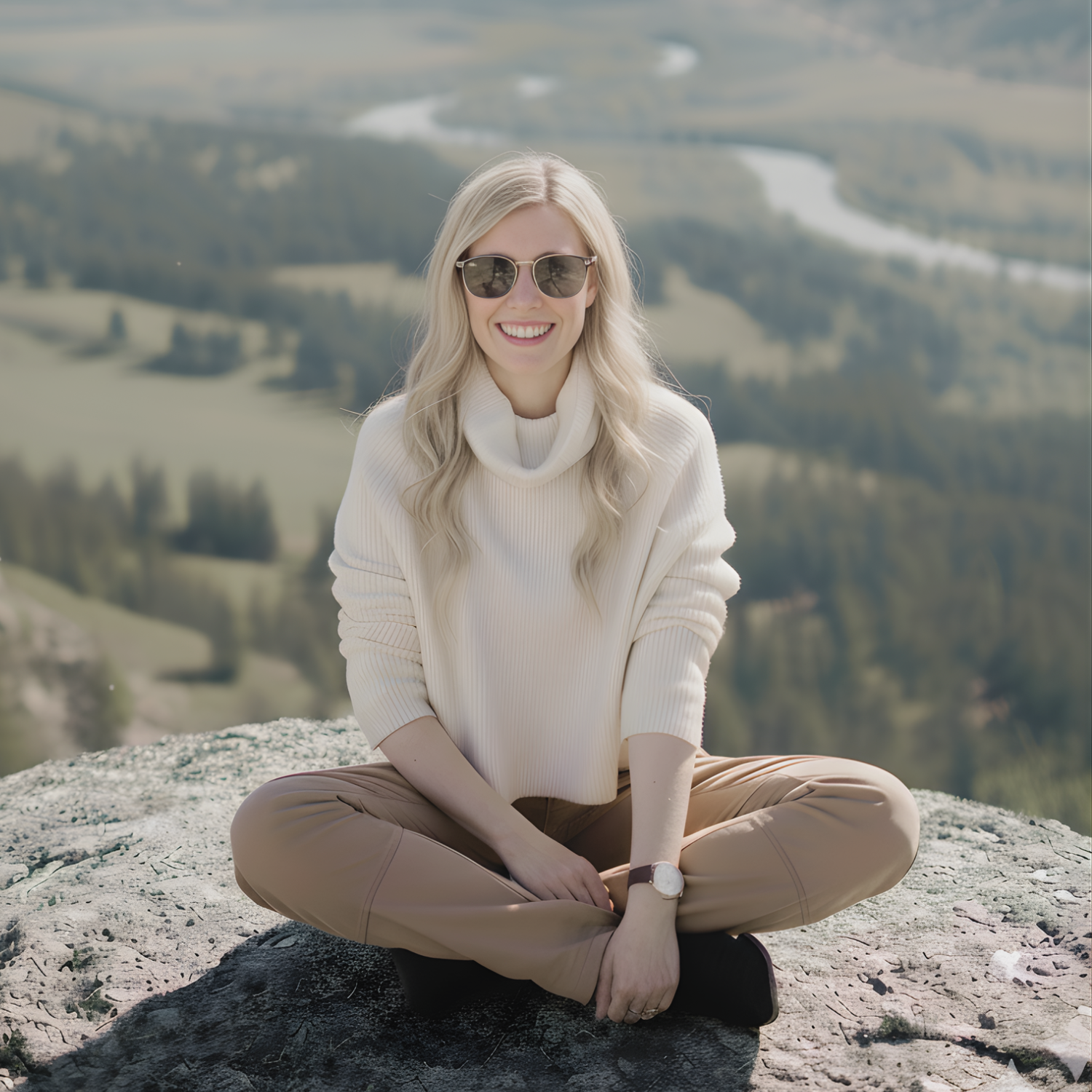 Woman sitting on a rock with a scenic landscape in the background
