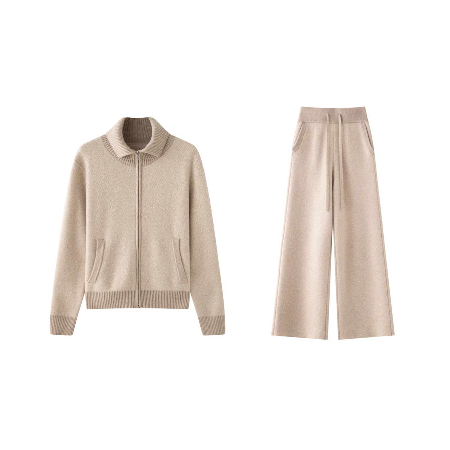 Beige jacket and wide-leg pants on a white background