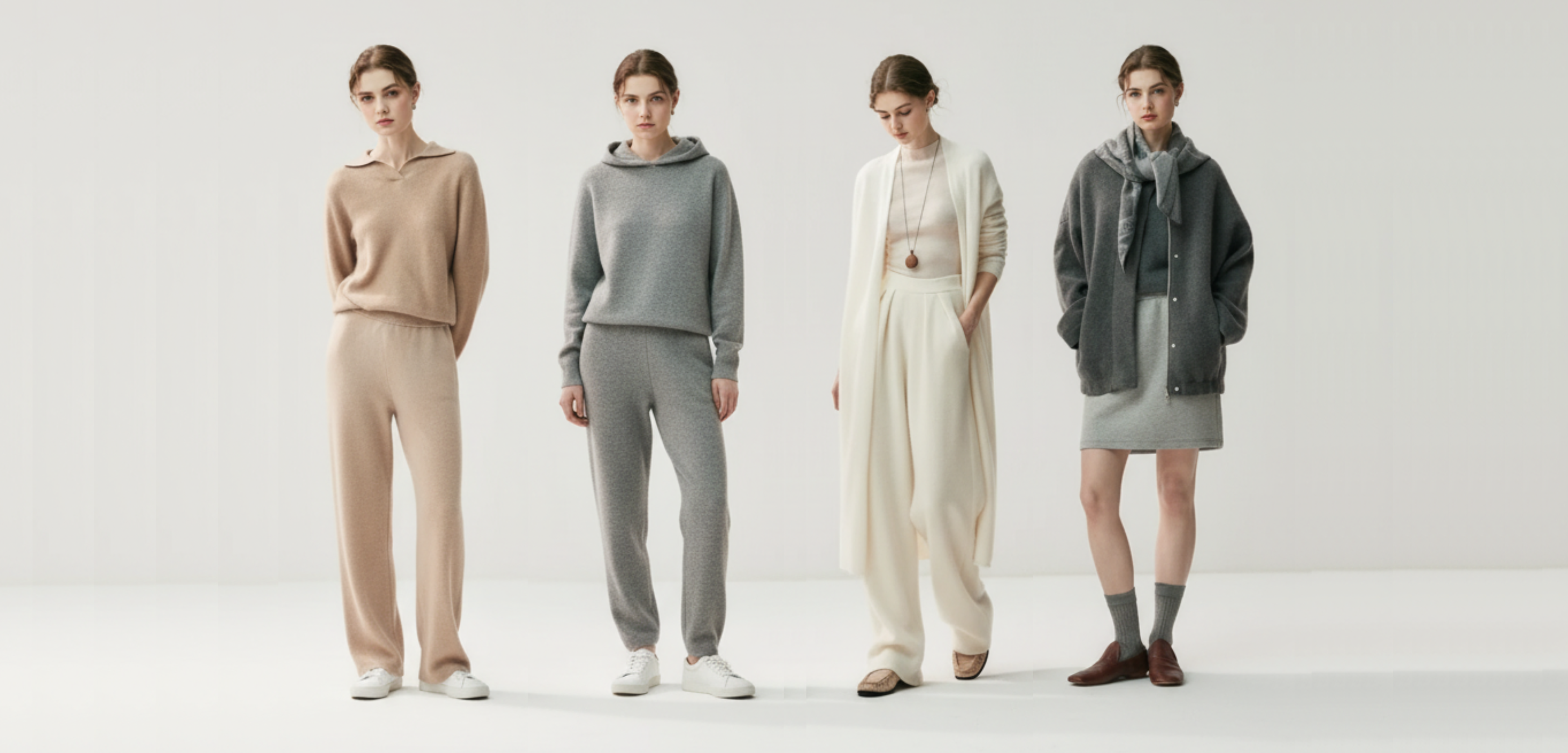 Four models wearing a variety of winter clothing on a white background