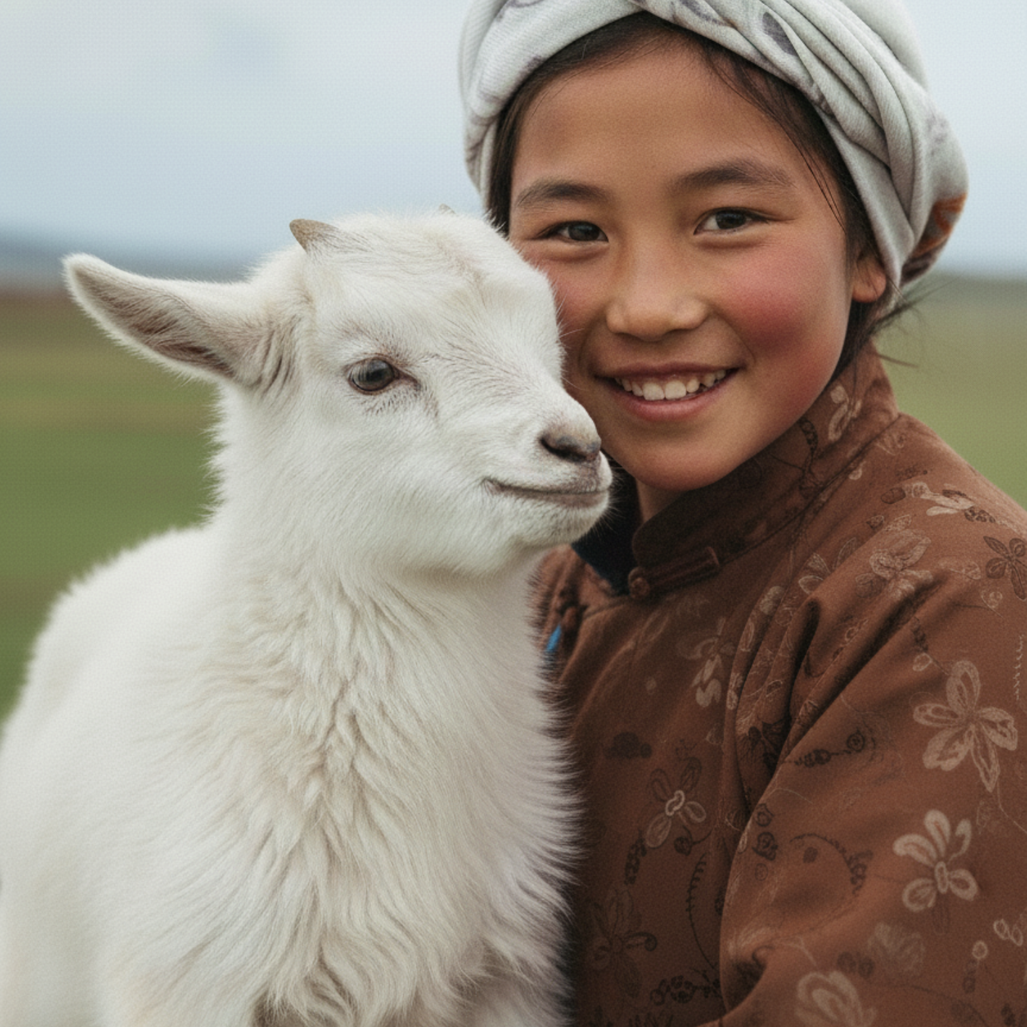 Young girl holding a white lamb in a natural setting